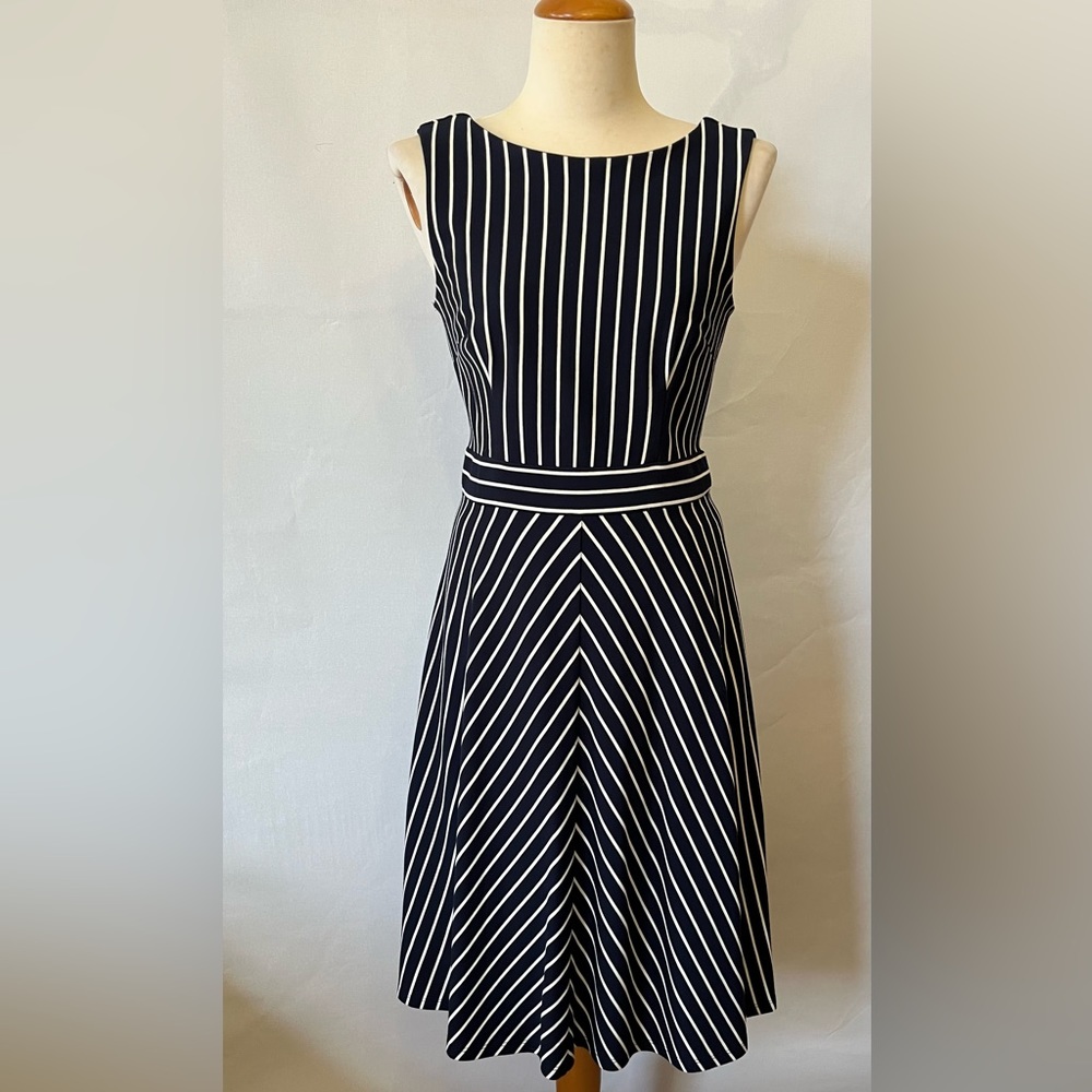 Ann Taylor Blue Striped Fit & Flare Midi Dress